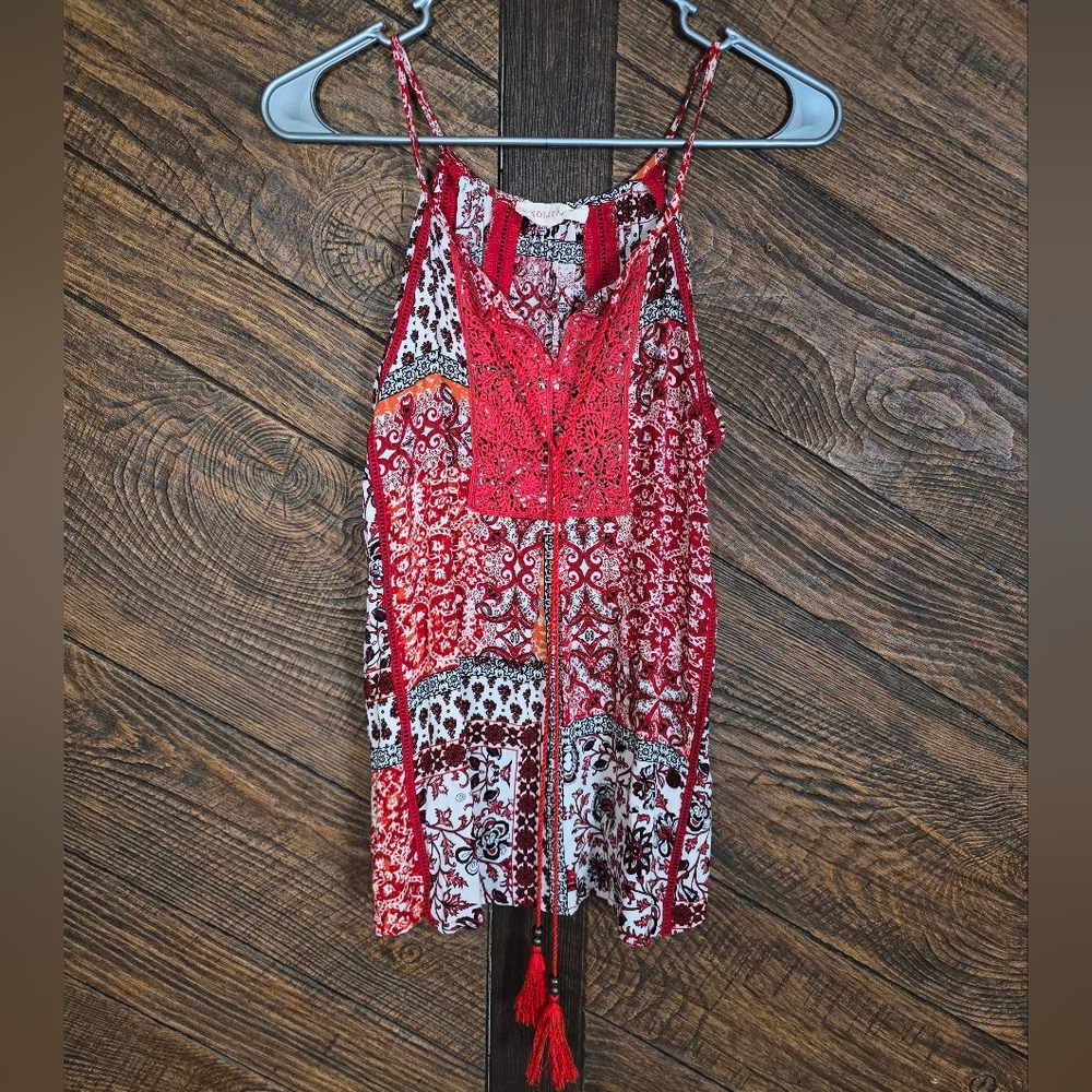 Solitaire Red and White Patterned Tank Top Small Boho Bohemian